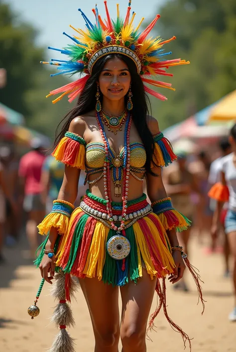 A costume for a parade representing popular Brazilian games such as kite flying, hopscotch, top, etc using the elements themselves. A playful outfit worn by one with indigenous features and dark hair
