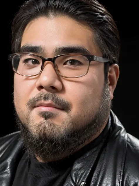 (Yossan), beard, Glasses, obesity, Black Leather Jacket, simple, Minimal, The texture of the jacket, Black background, focus, Cowboy Shot