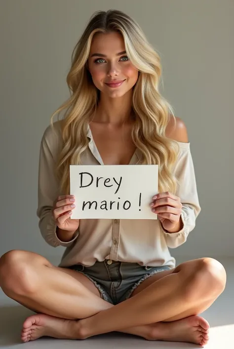 (photorealism:1.2) A very attractive blonde woman doing a fansign. He holds a paper that says "mario scb" while posing smiling, sitting cross-legged.