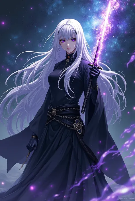 A bleach shinigami with white hair and heterochromia, one eye is purple and the other is black, holding a cosmic forehead katana. 