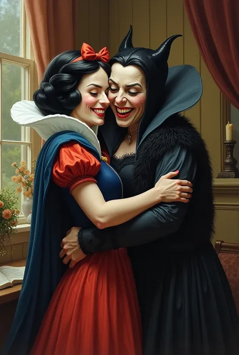 Snow White and the Wicked Stepmother enjoying the Seven Dwarfs&#39; Cottage smiling at the announcement of the murder of the Seven Dwarfs 