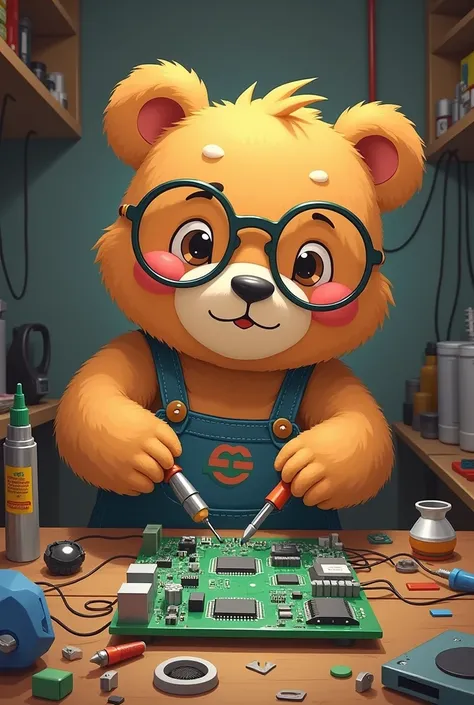 Cute bear wearing overalls and glasses, holding tools in his hand, sitting at a table repairing a motherboard.