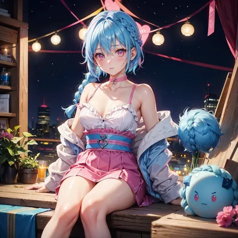 (Sky blue hair),(Braided short hair), (Pink Eyes),Fair skin) ,(whole body),(one person&#39;s),(Gift boxes filling the background),(Santa Claus clothes),(Cute smile),Santa Claus hat,(Christmas Party),(masterpiece, Highest quality, Very detailed, Best Shadow...