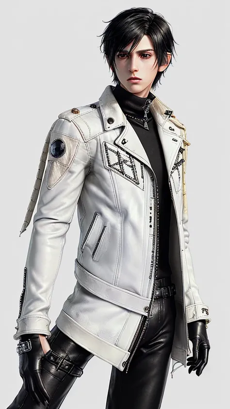 (Final fantasy taste and reality graphics), ((Japanese young cute and cool ikemen  boy)),((1 boy)), his age is early 20s, thin eyebrows and beady eyes,  ((((boy wearing off white color single-brest thick leather jacket, with epaulet)))), ((((jacket is long...