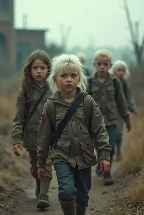 Six boys, " 3 girls" and three boys, the girls go ahead and "the boys behind", that they are surrounded by zombies, a desolate environment, boys who have white hair 