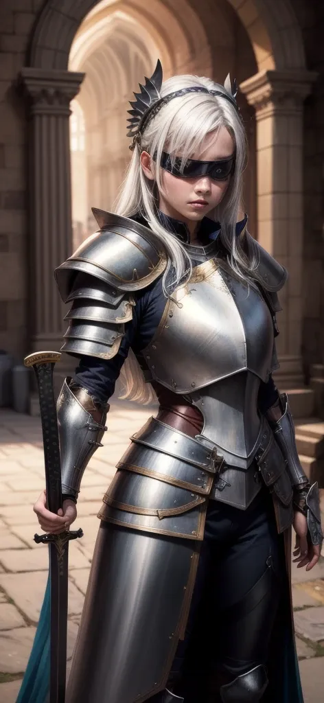 masterpiece, best quality, highres, 1girl, realistic, black blindfold, White hair, armor, heavy armor, large armor, medieval armor, Sword, sword in hand,  plate armor,