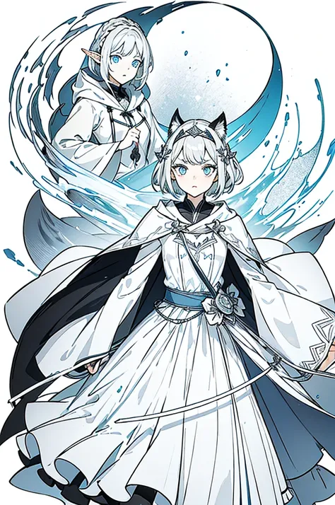 Gray and white shoulder-length short hair，Girl，Blue Eyes，Elf ears，No headdress，No cat ears，Wear a magicians robe，cloak，hood，Long skirt，Half-length photo，front Photo，Lens tension，Right hand punch，The expression is crazy，Full of strength