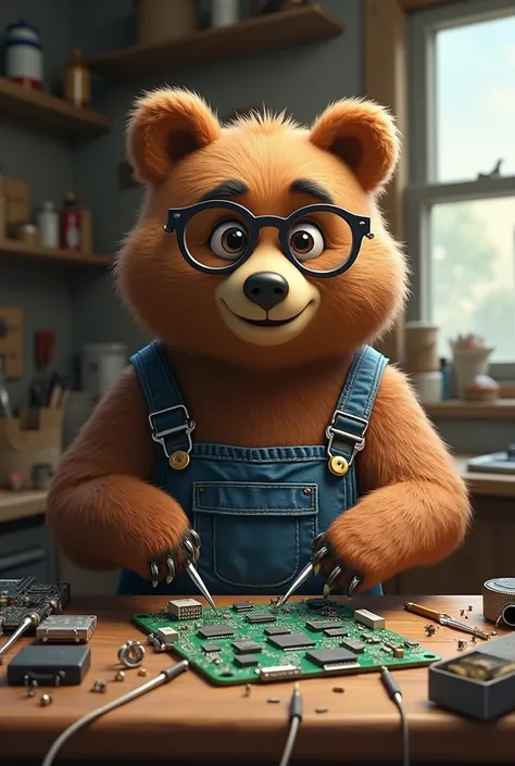 Bear wearing overalls and glasses, holding tools in his hand, sitting at a table repairing a motherboard.