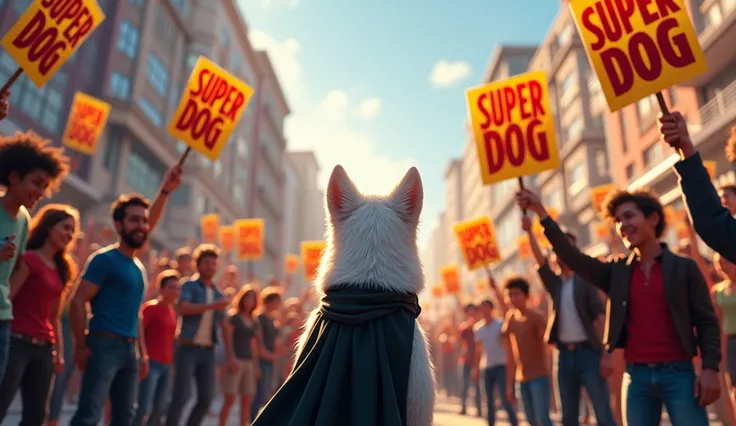 A celebratory scene where the city’s people cheer and celebrate Jack, the white dog Wear black cape, now recognized as the city’s hero, with banners that say “Super Dog