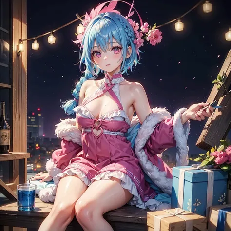 (Sky blue hair),(Braided short hair), (Pink Eyes),Fair skin) ,(whole body),(one person&#39;s),(Gift boxes filling the background),(Santa Claus clothes),(Cute smile),Santa Claus hat,(Christmas Party),(masterpiece, Highest quality, Very detailed, Best Shadow...