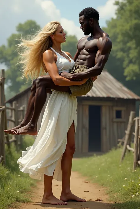 A blonde white tonned tall american woman in her 20s lift carry strong African hard working muscular slave man with ease in the farm in 19th century