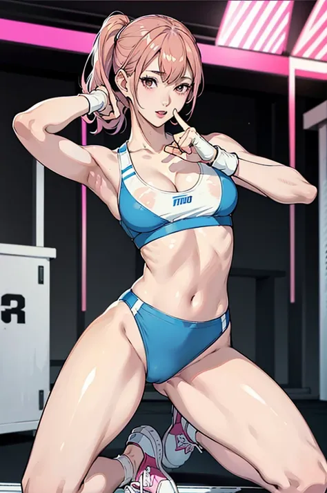 An ultra-detailed full-body illustration, style of 1980s Japanese comics, 8k resolutions, 1girl, solo, Sharp Focus, slender leg, Characterize by alluring, The character has striking pink hair, Perfect Figure with pale skin and a slender physique. she soaki...