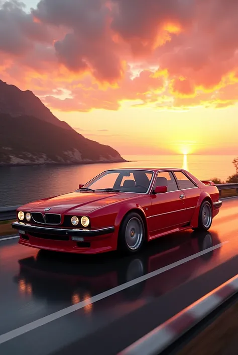 Lancia thema 8.32 in red, seaside sunset ride