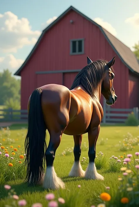 (photorealism:1.2), rear view of big, brown Clydesdale in green pasture with big red barn in background 