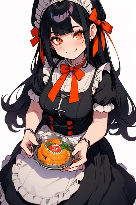 Perfect face Perfect hands. A black haired woman with orange eyes in a Lolita maid uniform is serving dinner in a fancy maid cafe with a big smile