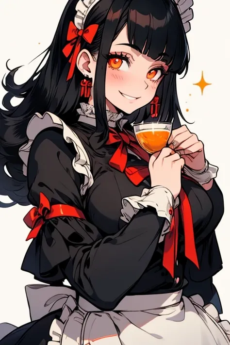 Perfect face Perfect hands. A black haired woman with orange eyes in a Lolita maid uniform is serving dinner in a fancy maid cafe with a big smile