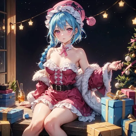 (Sky blue hair),(Braided short hair), (Pink Eyes),Fair skin) ,(whole body),(one person&#39;s),(Gift boxes filling the background),(Santa Claus clothes),(Cute smile),Santa Claus hat,(Christmas Party),(masterpiece, Highest quality, Very detailed, Best Shadow...