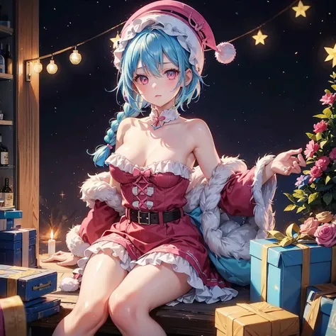 (Sky blue hair),(Braided short hair), (Pink Eyes),Fair skin) ,(whole body),(one person&#39;s),(Gift boxes filling the background),(Santa Claus clothes),(Cute smile),Santa Claus hat,(Christmas Party),(masterpiece, Highest quality, Very detailed, Best Shadow...