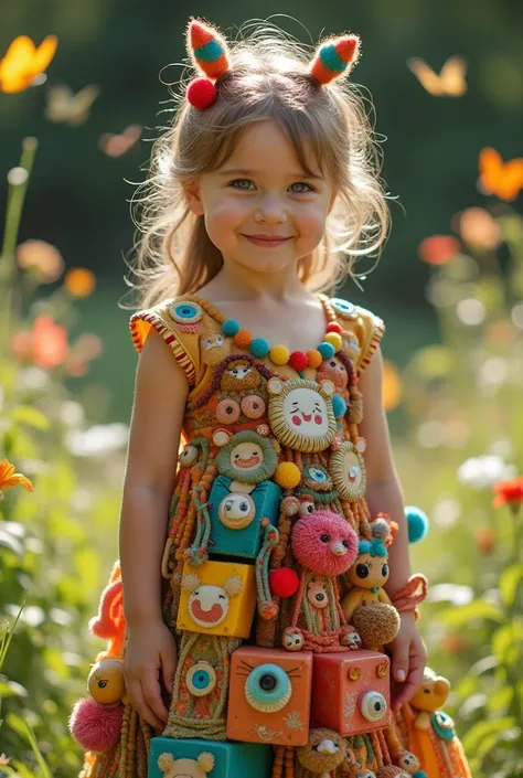 A dress made from old children&#39;s toys worn by a female child 