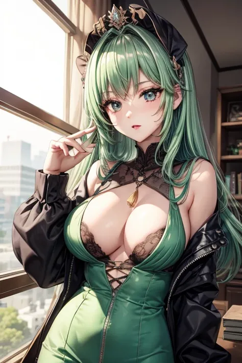 Green Hair, sexy, Blushing, accessories, Background blur, chest, 