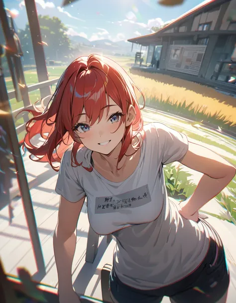 work of art, anime, A peaceful and beautiful garden overlooking wheat fields, day, ray tracing, detailded reflections, Complex, attention to the details, Dramatic, Highest quality work of art, detailded, 8k, high resolution, ((robust female:1.3))、(t-shirt ...