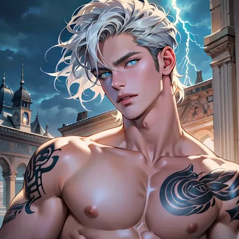 8k, Sophisticated, Elegant, Highly Detailed, Majestic, Digital photography, Surreal painting, magic, Sinuous Lightning, (Masterpiece, Side light, Lovely and beautiful eyes: 1.2), hdr, (Bright blue eyes)), Naked Upper body, (Shiny tattoo), Handsome guy, Lon...