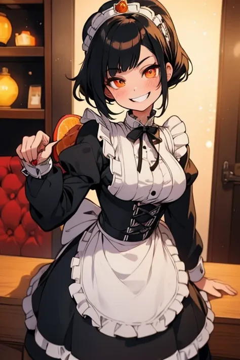 Perfect face Perfect hands. A black haired woman with orange eyes in a Lolita maid uniform is serving dinner in a fancy maid cafe with a big smile