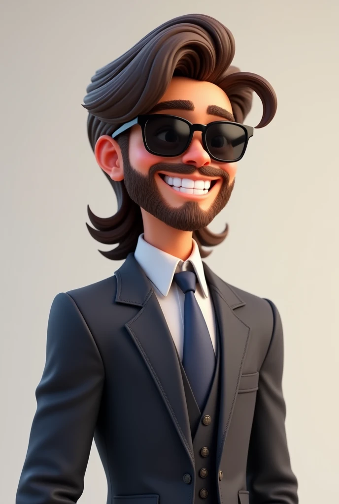 A man animated character 
aged 18 with a smile in face with long hair with middle part hairstyle and middle length beard with a masculine pose with formal coat and sunglass 
