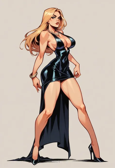 Full body shot of Ms. Buxley from Beetle Bailey comics. Long blond hair. Curvy body with large breasts Skimpy black dress. Low-cut and tight fitting and short skirt. Black high heels. Necklace and bracelet.