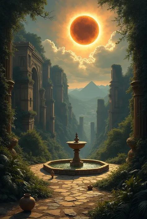 The painting captures a dramatic, celestial moment in a once-thriving city now reclaimed by nature. It’s dusk, and a total solar eclipse is happening in the sky above, casting a deep, eerie shadow over the scene.

Foreground:

The remnants of an ancient ci...