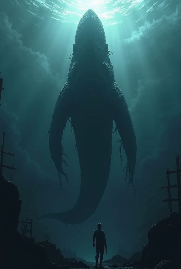 Depict a massive, mysterious sea creature known as the Eclipse Leviathan. The creature is over 100 meters long, and its body is composed of a dark, shadowy substance that seems to absorb light, making it nearly invisible in direct sunlight. Show the Leviat...