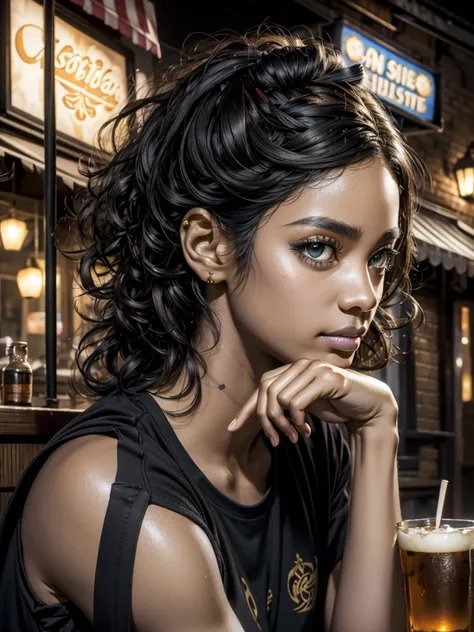 Curly black hair, vibrant green eyes, light Brown skin, soft skin, portrait, rocker clothes, metalhead clothes, pub scene, tattooed , High detail RAW colored art, (detailed skin, skin texture), intricate details, fine details, hyperdetailed, ray tracing, s...