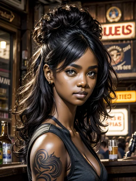 Curly black hair, vibrant green eyes, light Brown skin, soft skin, portrait, rocker clothes, metalhead clothes, pub scene, tattooed , High detail RAW colored art, (detailed skin, skin texture), intricate details, fine details, hyperdetailed, ray tracing, s...