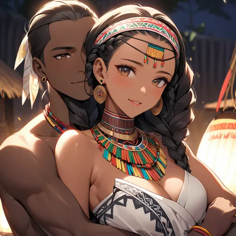 ((Highest quality)), ((masterpiece)), (detailed), （Perfect Face）、The woman is wearing a tribal wedding dress and is happily embracing a tribal man at their wedding.、The woman has bright black skin、（Ghana braids with strong curly hair slicked back）、Black, d...