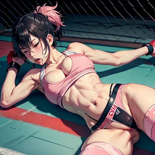 a beautiful bloody  japanese high school girl fighter is knocked out in the octagon fighting ring, she is beated down, She is on all fours., whole body picture, she lose. she is covered in scars and bruises, she is damaged terribry, Short cut black hair, o...