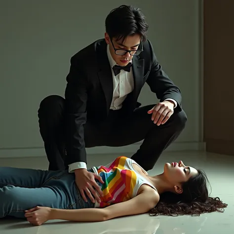  a 20-year-old male with dark fadeout hair and glasses, wearing tuxedo outfit, big male bulge , hes crouching down on top of a lying female on the ground. She’s wearing a lgbt shirt 