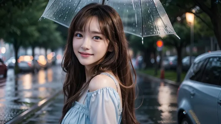 Rainy street trees, fine eyes, beautiful image, one beautiful woman, long hair, brown hair, bangs, light blue dress, 26 years old, nice smile, detailed skin,