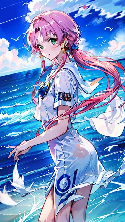 ((masterpiece,Highest quality)), Mizunashi Akari, uniform, dress, white dress, Have, Sailor collar,
Ocean, On the water, null, cloud, Outdoor, bird, Dutch Angle, long dress, Side slits