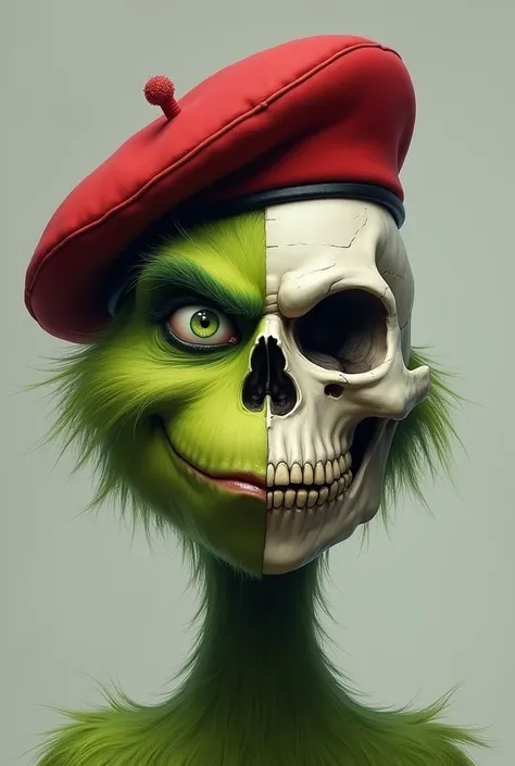 Grinch head. Half normal and half skull, looking ahead, Full size head wearing a red military beret looking to the center, military beret, the same image without the beret
