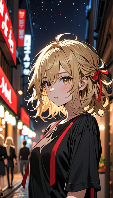 Beautiful and blond, messy styled hair,red ribbon, black shirt, night, looking fancy