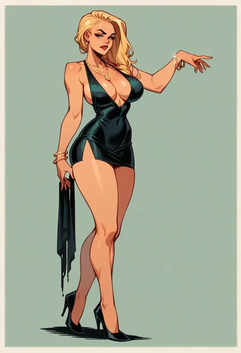 Full body shot of Ms. Buxley from Beetle Bailey comics. Long blond hair. Curvy body with large breasts Skimpy black dress. Low-cut and tight fitting and short skirt. Black high heels. Necklace and bracelet.