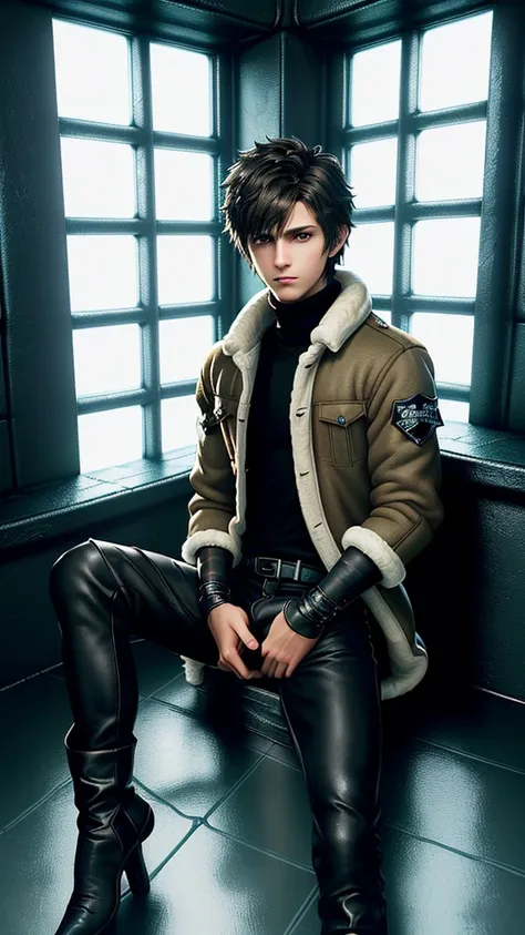 Final fantasy taste and reality graphics, Japanese young cute and cool ikemen  boy, his age is early 20s, thin eyebrows and beady eyes,  he wearing light brown color  very thick shearling jacket, jacket is no leather and waist length, fur color is white,
a...