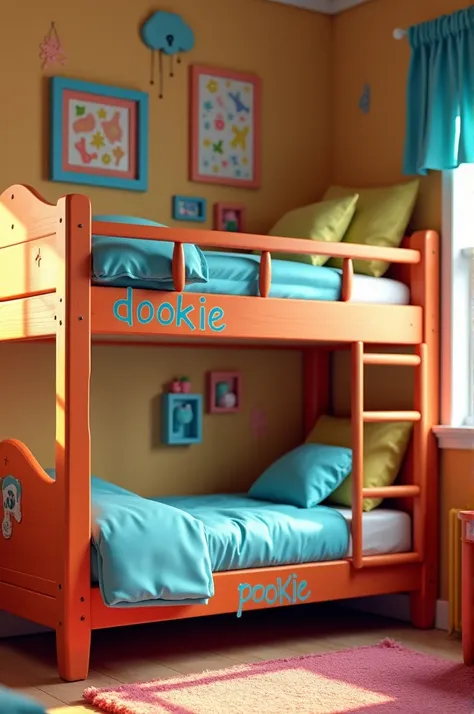 A bunk bed where the top bed says dookie and the bottom one says pookie