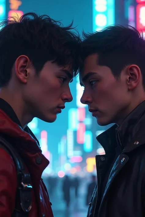 A close-up of a teenage boy’s face showing intense emotion as he the villain makes a critical decision in the heat of battle. In the background, his brother, the villain, looks conflicted and vulnerable. The scene is illuminated by the neon lights of the f...