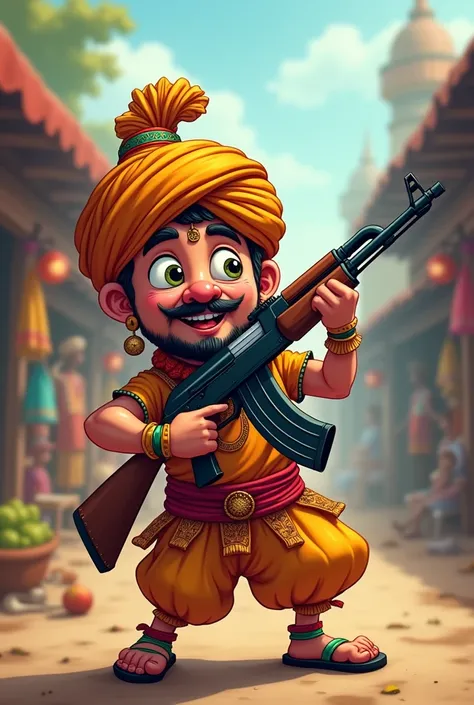 Indian cartoon Gopal Bhar with ak47 rifle