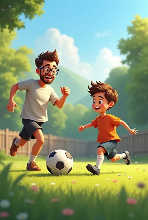 30 year old dad with glasses playing football with his son