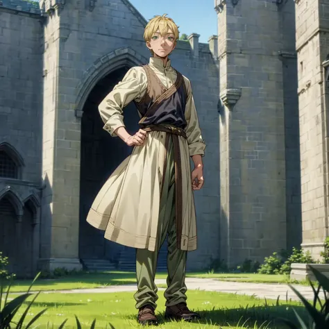 solo character, full body version, old man, green eyes, blonde color hair, short bob hair, royal king outfit, shoes, outdoor, ca...