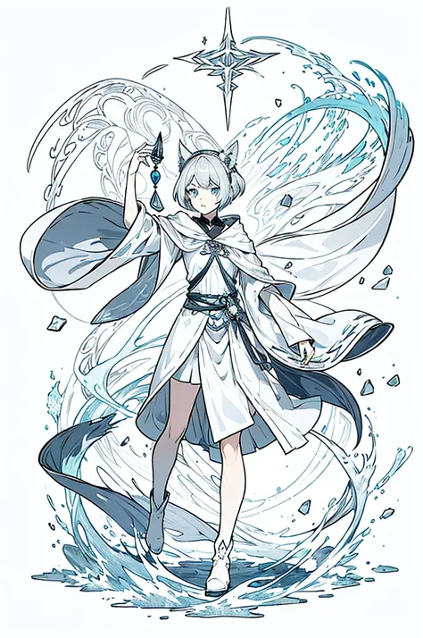 Gray and white shoulder-length short hair，Girl，Blue Eyes，Elf ears，No headdress，No cat ears，Wear a magicians robe，cloak，hood，Long skirt，Boots，full-body shot，front Photo，No background