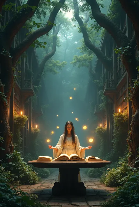 Scene Overview:
An ethereal, ancient library hidden deep within a dense forest. The librarys architecture blends seamlessly with nature, with towering bookshelves carved from living trees and intertwining branches forming archways and balconies.

Foregroun...