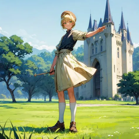 Solo character, full body version, kid boy, green eyes, blonde color hair, short bob hair, king outfit, shoes, outdoor, Castle, field, medieval, morning, standing gesture, detailed background, detailed clothing, detailed hair, happy eyes, (food wars style ...